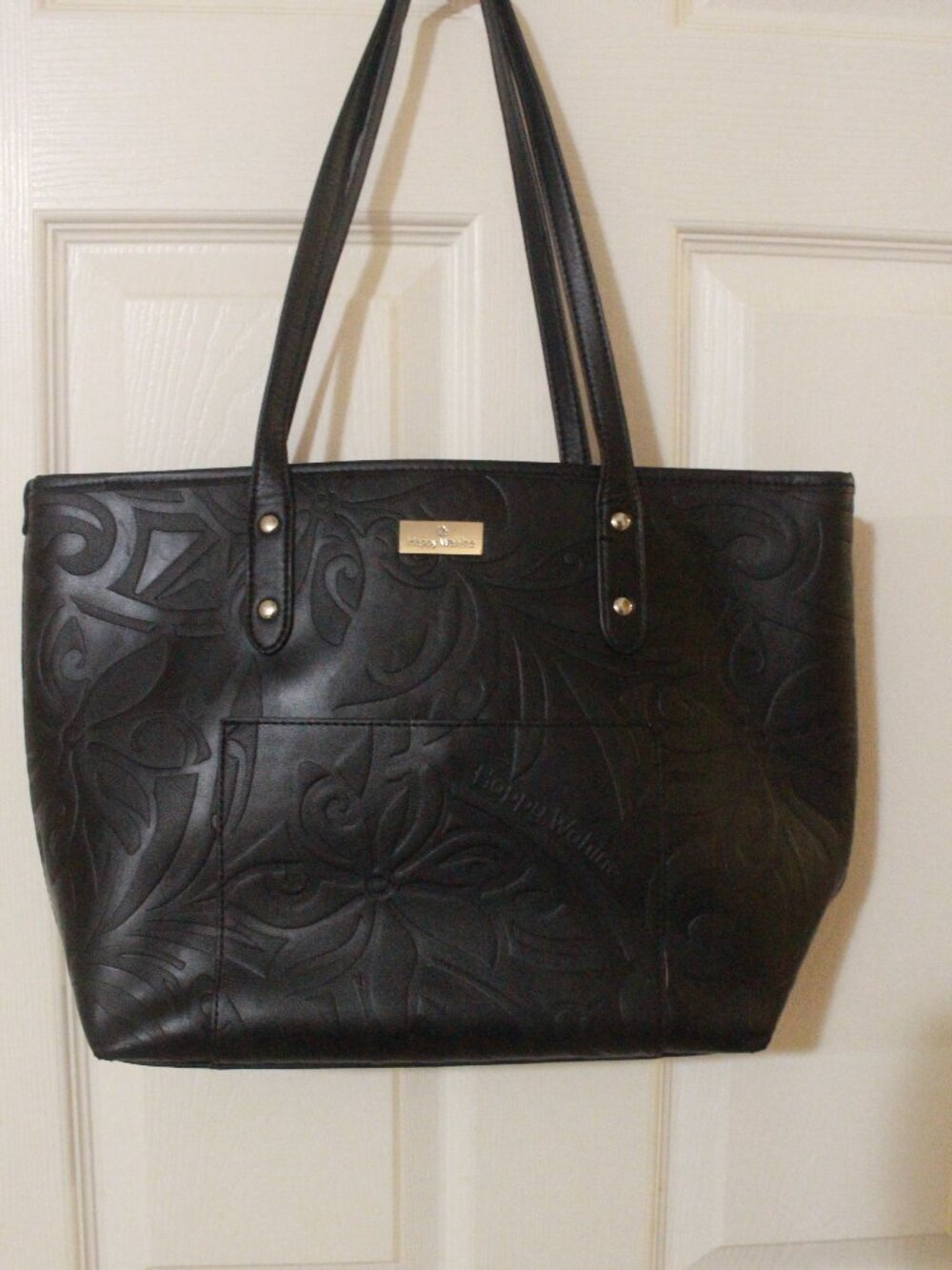 Title: Happy Wahine Black Floral Embossed Shoulder Tote